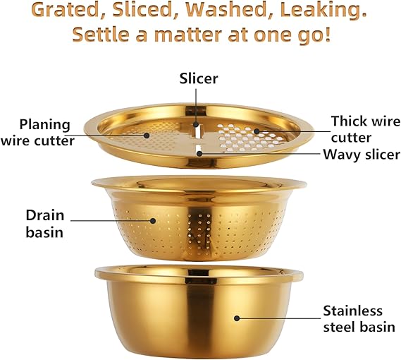 Golden Steel Drainer Cutter Lid Bowl Complete Set