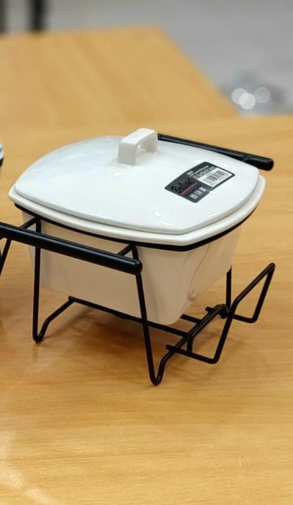 Set of 2 Ceramic Casserole Dishes with Metal Serving Stands