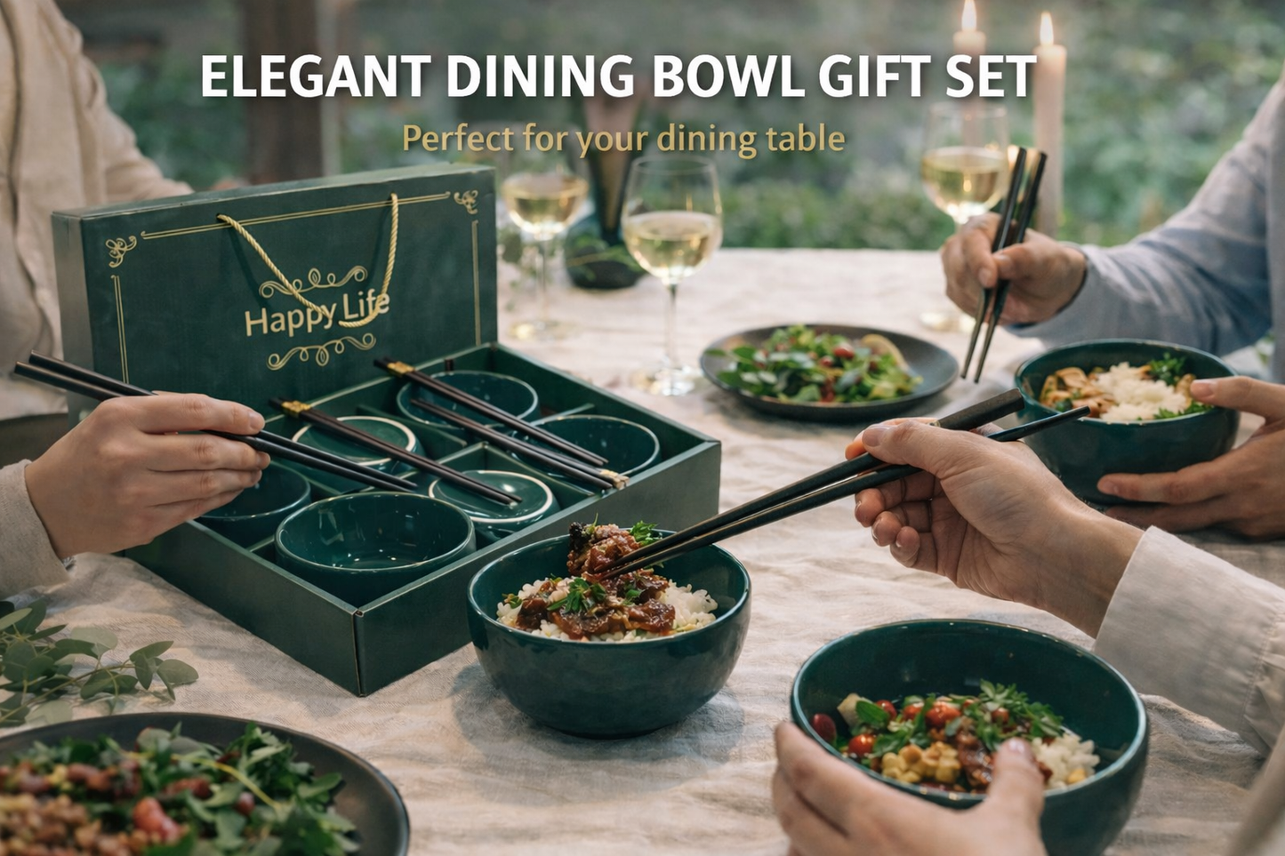 Elegant “Happy Life” Ceramic Bowl Gift Set – 6 Bowls with Luxury Gold-Accent Chopsticks
