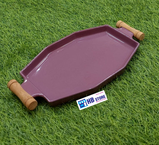 Modern Octagonal Ceramic Serving Tray with Natural Wood Handles – Elegant Mauve/Plum Glaze