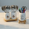 White Dimpled Ceramic Tool Caddy with Wood Base