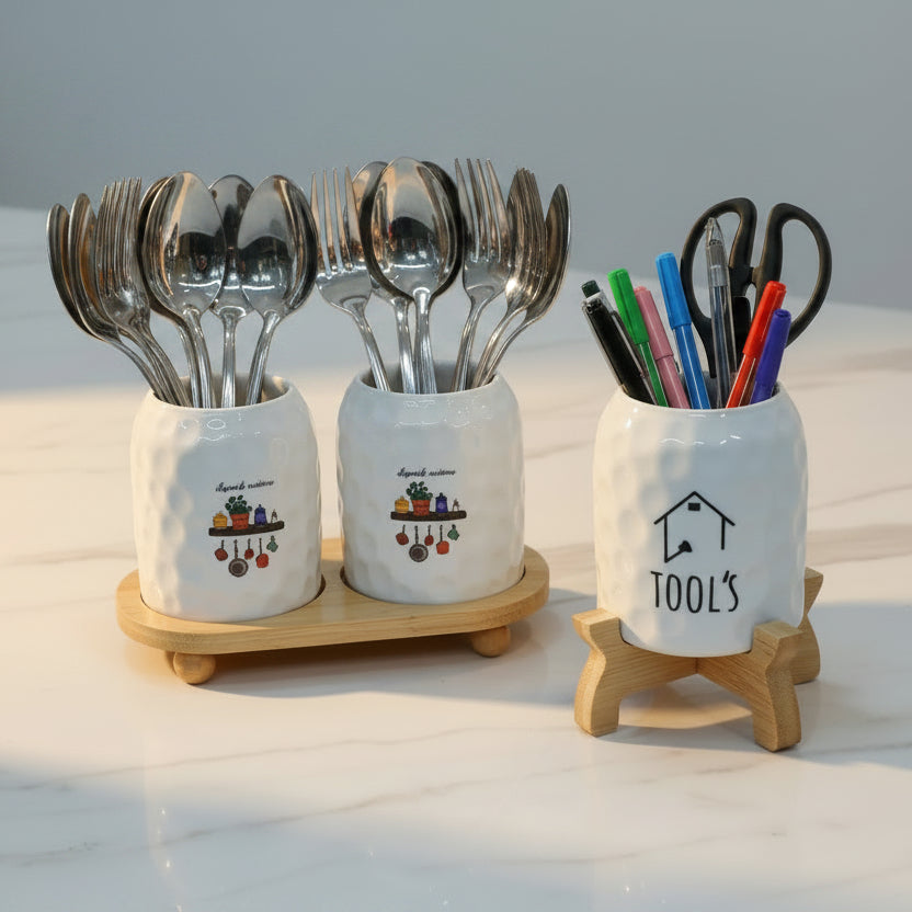 White Dimpled Ceramic Tool Caddy with Wood Base