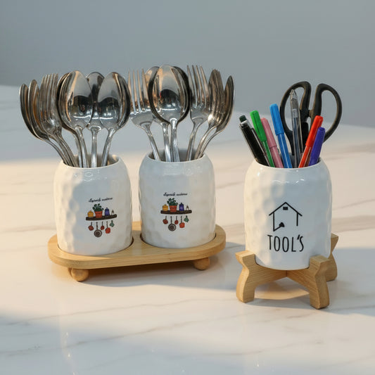 White Dimpled Ceramic Tool Caddy with Wood Base