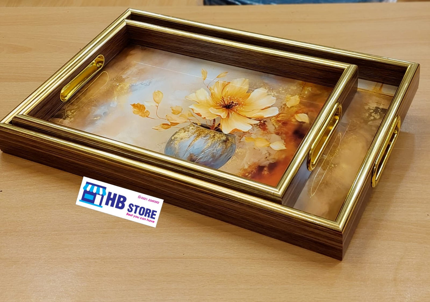 Luxury Wooden Serving Tray Set with Golden Floral Design – 2 Pieces