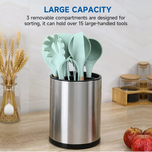 Stainless Steel Kitchen Utensil Holder with 3 Dividers