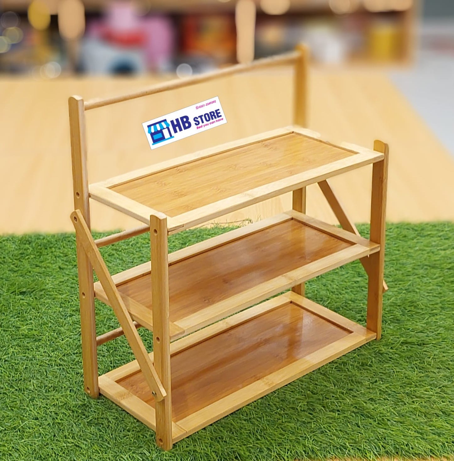 3-Tier Folding Bamboo Multi-Purpose Organizer Rack – Portable Desktop Display Stand & Storage Shelf