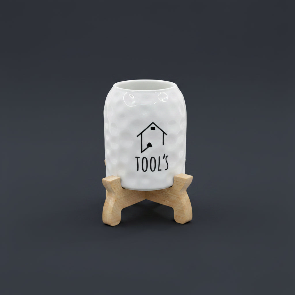 White Dimpled Ceramic Tool Caddy with Wood Base