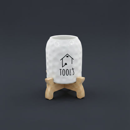 White Dimpled Ceramic Tool Caddy with Wood Base