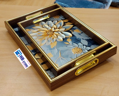 Luxury Wooden Serving Tray Set with Golden Floral Design – 2 Pieces