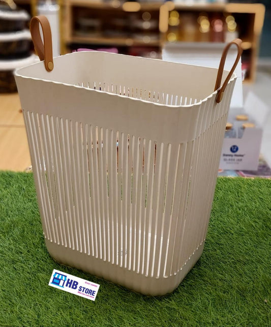 Modern Tall Plastic Storage Basket/Laundry Hamper with Faux Leather Handles