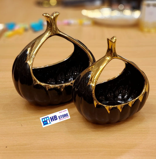 Black Ceramic Gourd-Shaped Decorative Bowls/Candy Dishes with Gold Electroplating