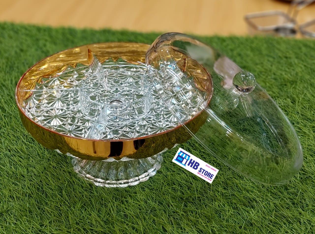 Luxury Divided Glass Dry Fruit Tray with Gold Rim and Lid