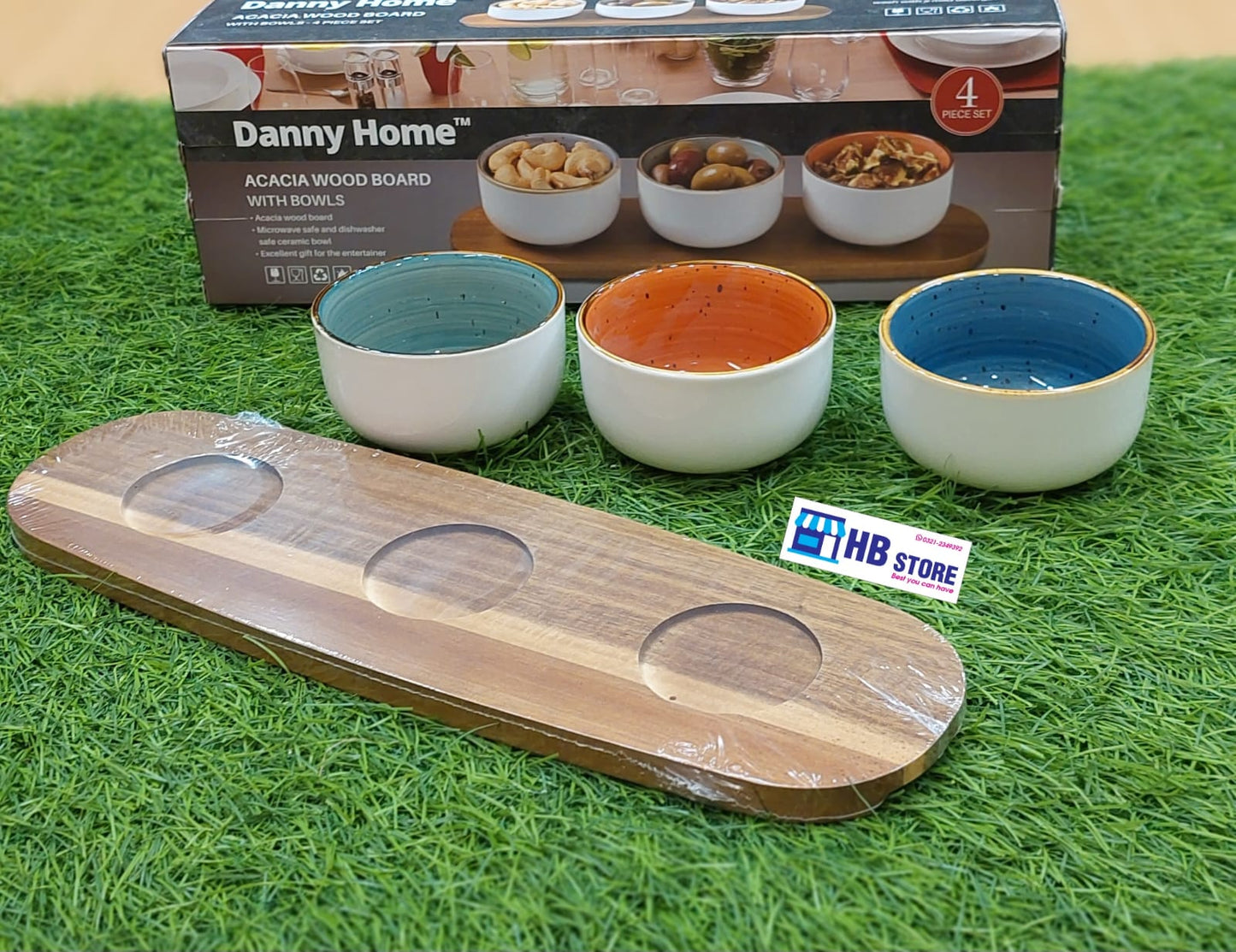 Danny Home™ 4-Piece Acacia Wood Serving Set – Premium Tray with 3 Ceramic Snack & Dip Bowls