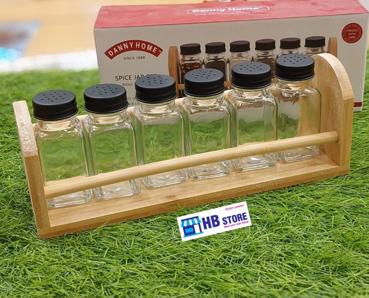 Danny Home 6-Piece Square Glass Spice Jar Set with Bamboo Storage Rack