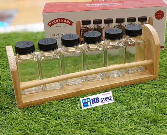 Danny Home 6-Piece Square Glass Spice Jar Set with Bamboo Storage Rack