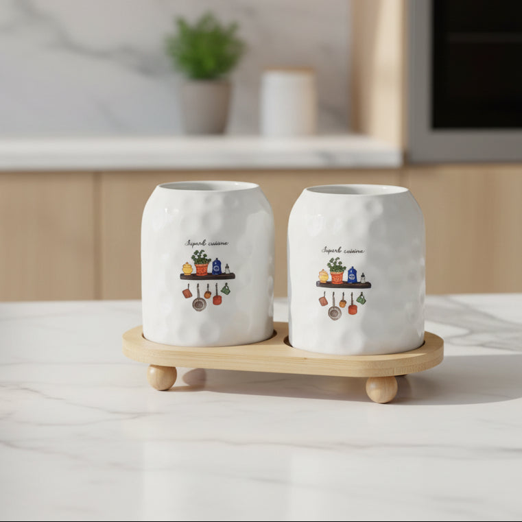 White Dimpled Ceramic Tool Caddy with Wood Base