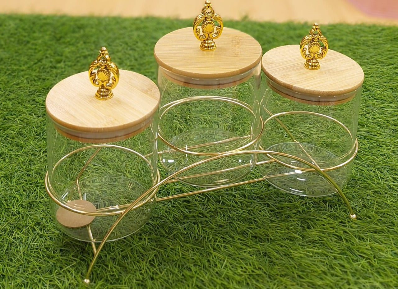 3-Piece Glass Canister Set with Bamboo Lids and Gold Stand