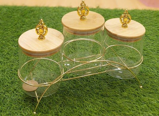 3-Piece Glass Canister Set with Bamboo Lids and Gold Stand