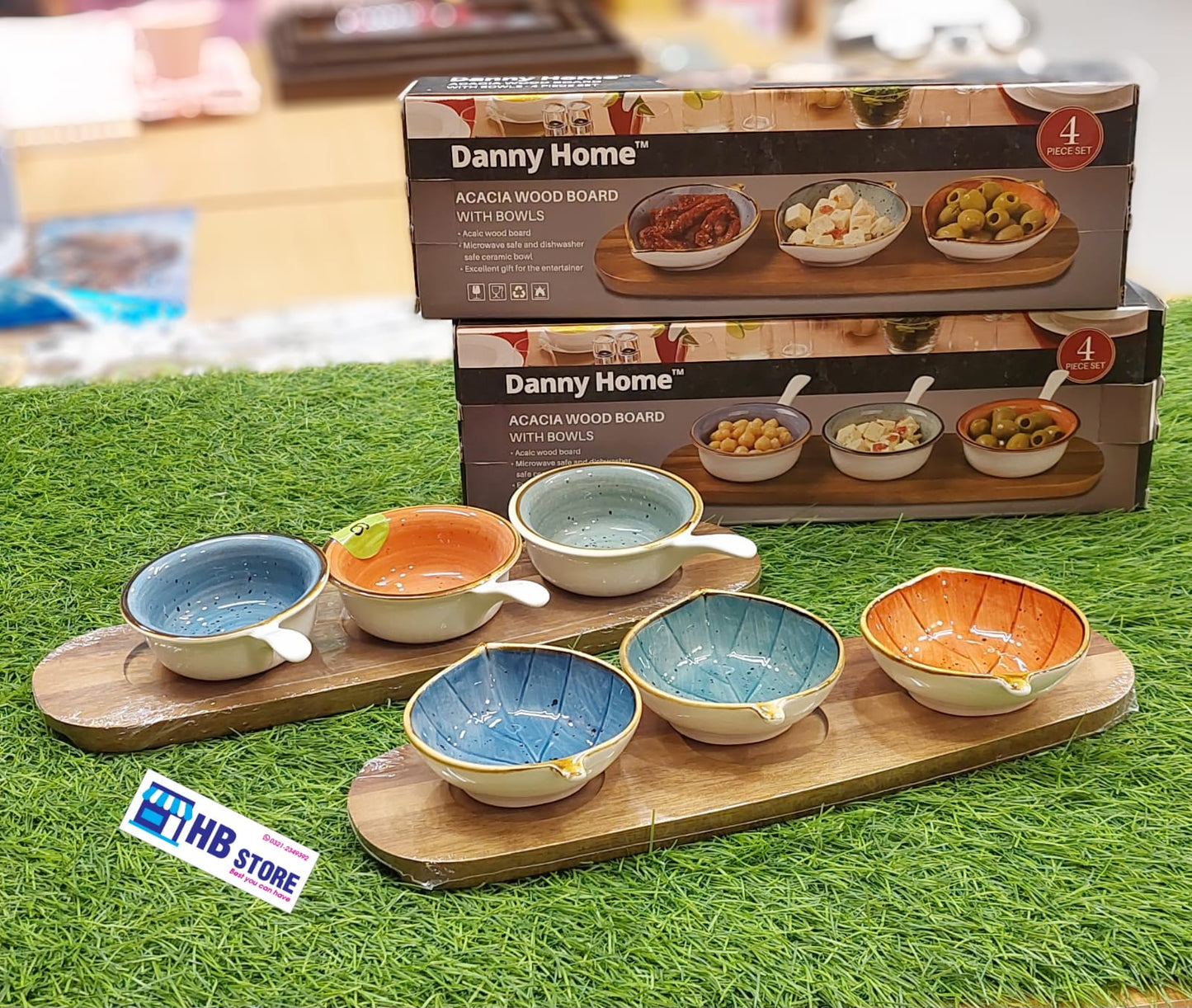 Danny Home 4-Piece Acacia Wood Serving Boards with Colorful Ceramic Dipping Bowls