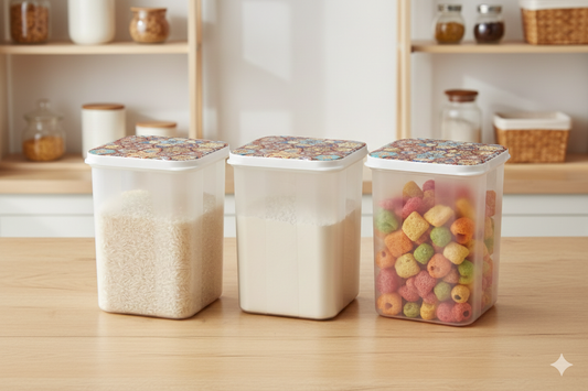 Omega Fresh Pack Of 3pcs Plastic Heavy-Duty Food Jar Set ( Transparent with Colorful Lid )