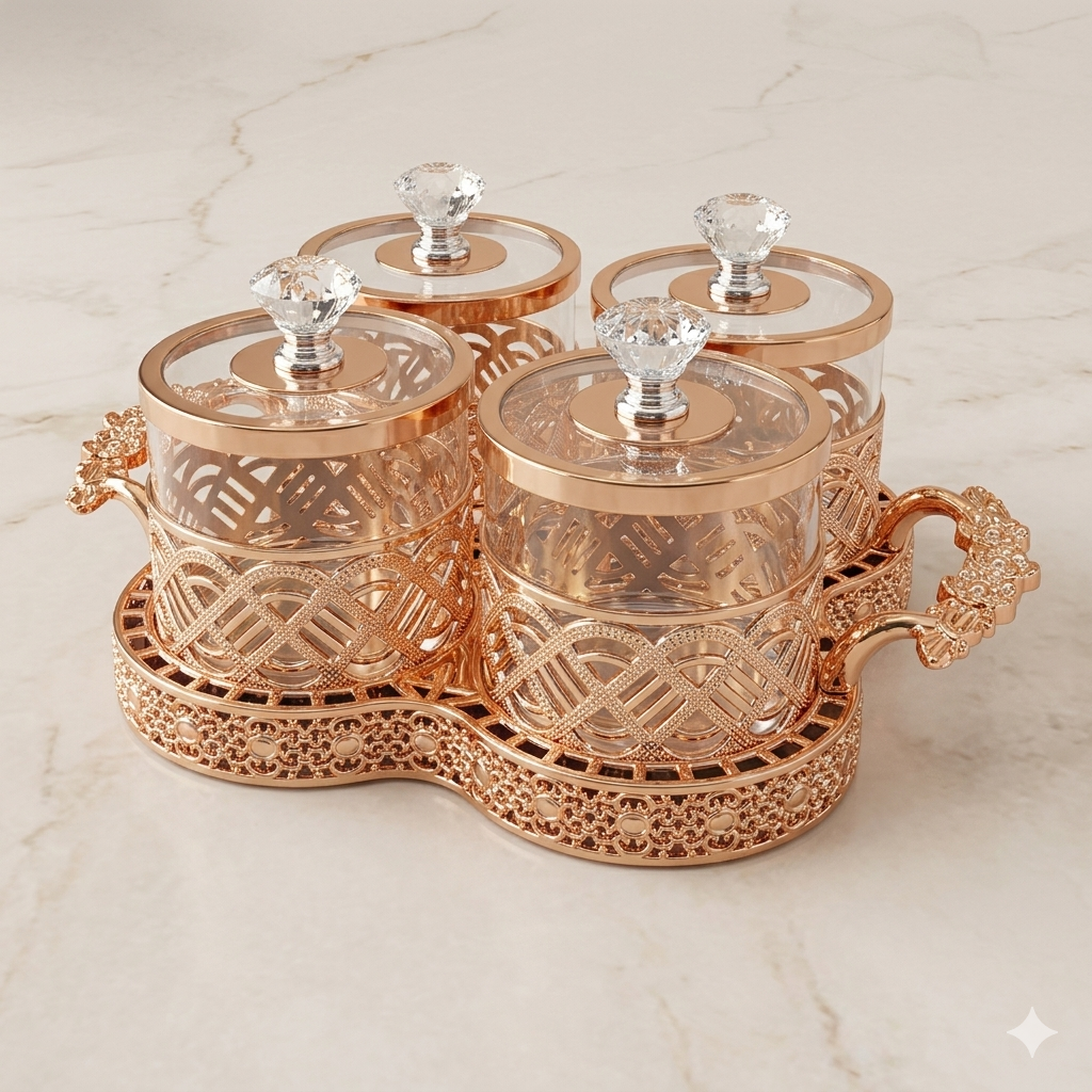Imperial Rose Gold Condiment Jar Set with Ornate Serving Tray