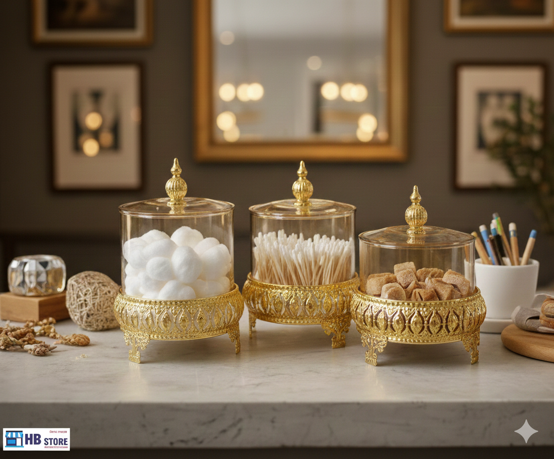 3-Piece Victorian-Style Amber Canister Set with Gold Filigree Base