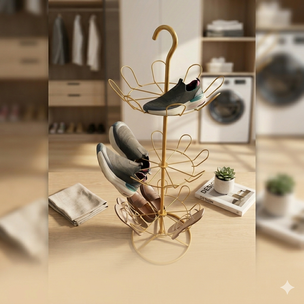 Deluxe Golden Multi-Tier Vertical Shoe Drying Rack & Organizer Tree