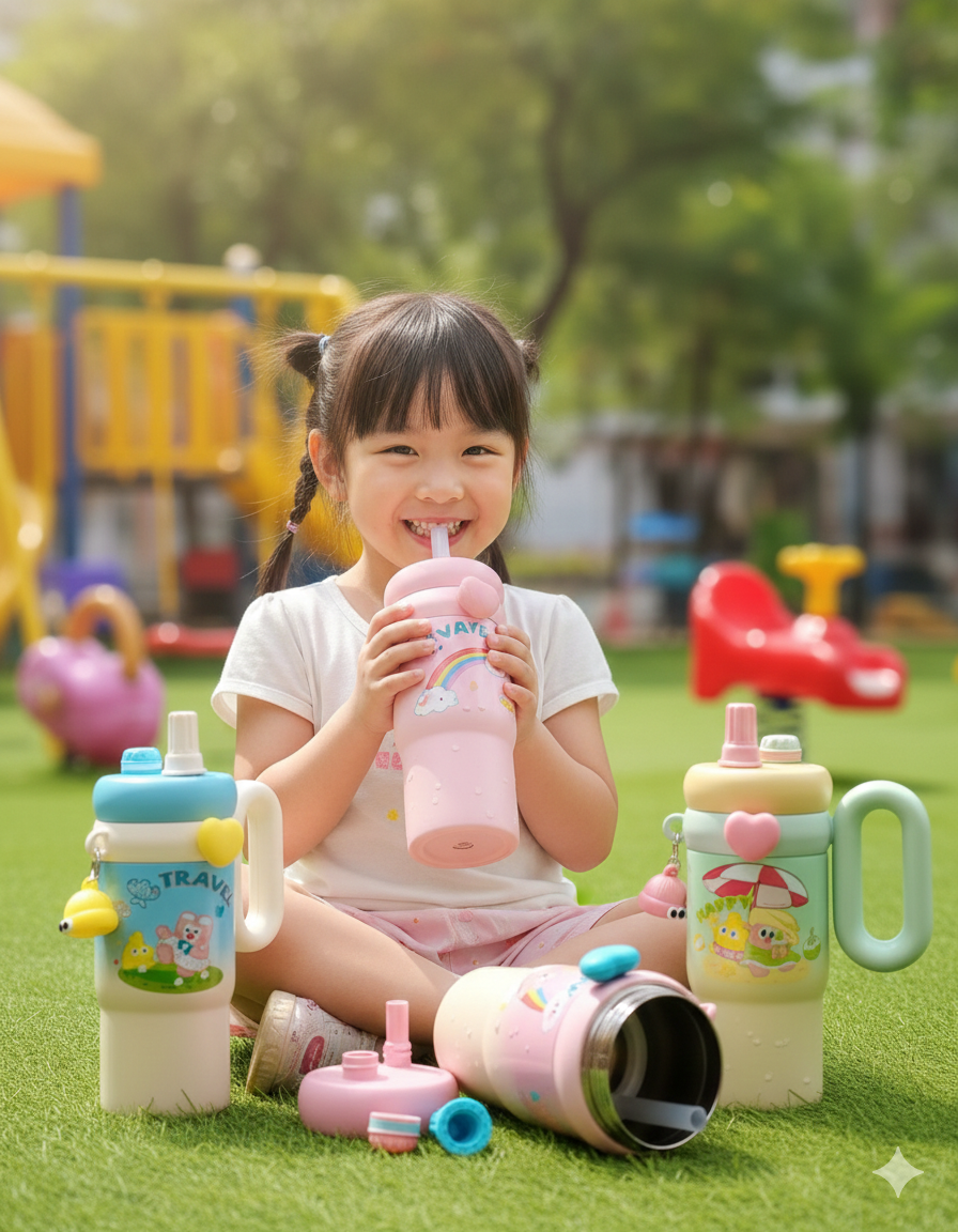 Cute Cartoon Character Insulated Sippy Tumbler with Handle and Charm