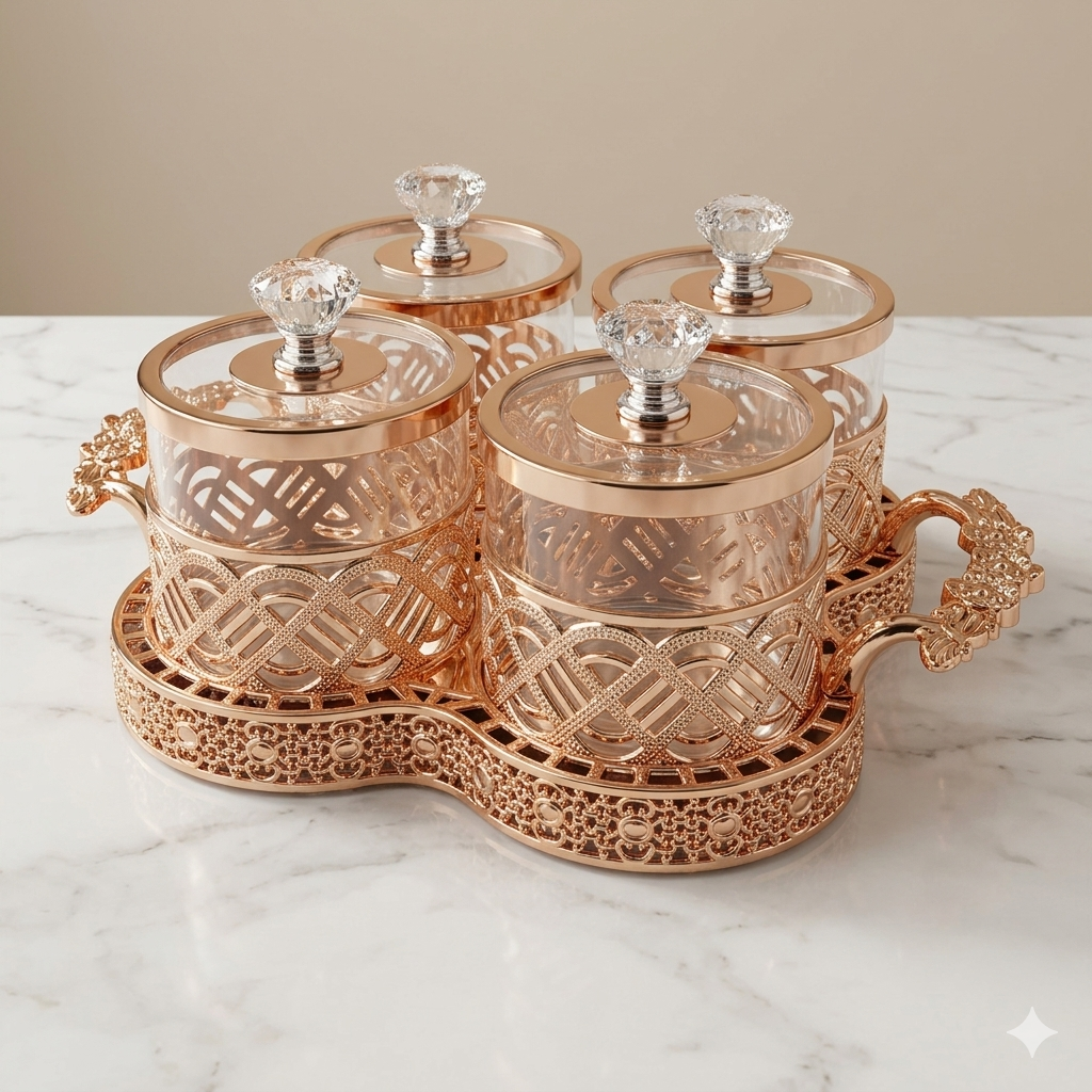 Imperial Rose Gold Condiment Jar Set with Ornate Serving Tray