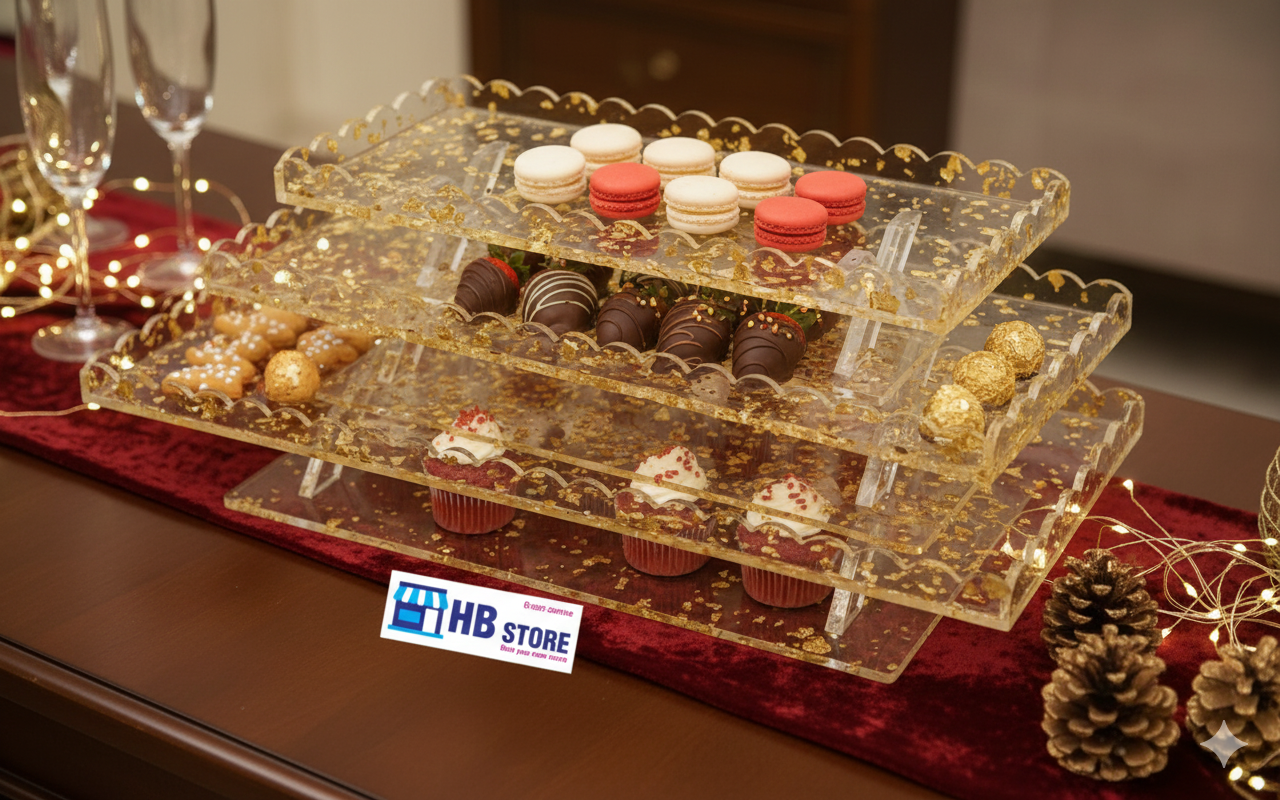 Acrylic Buffet Trays in 3 size  with Gold & Silver Foil Flakes | Elegant Display for Events & Parties