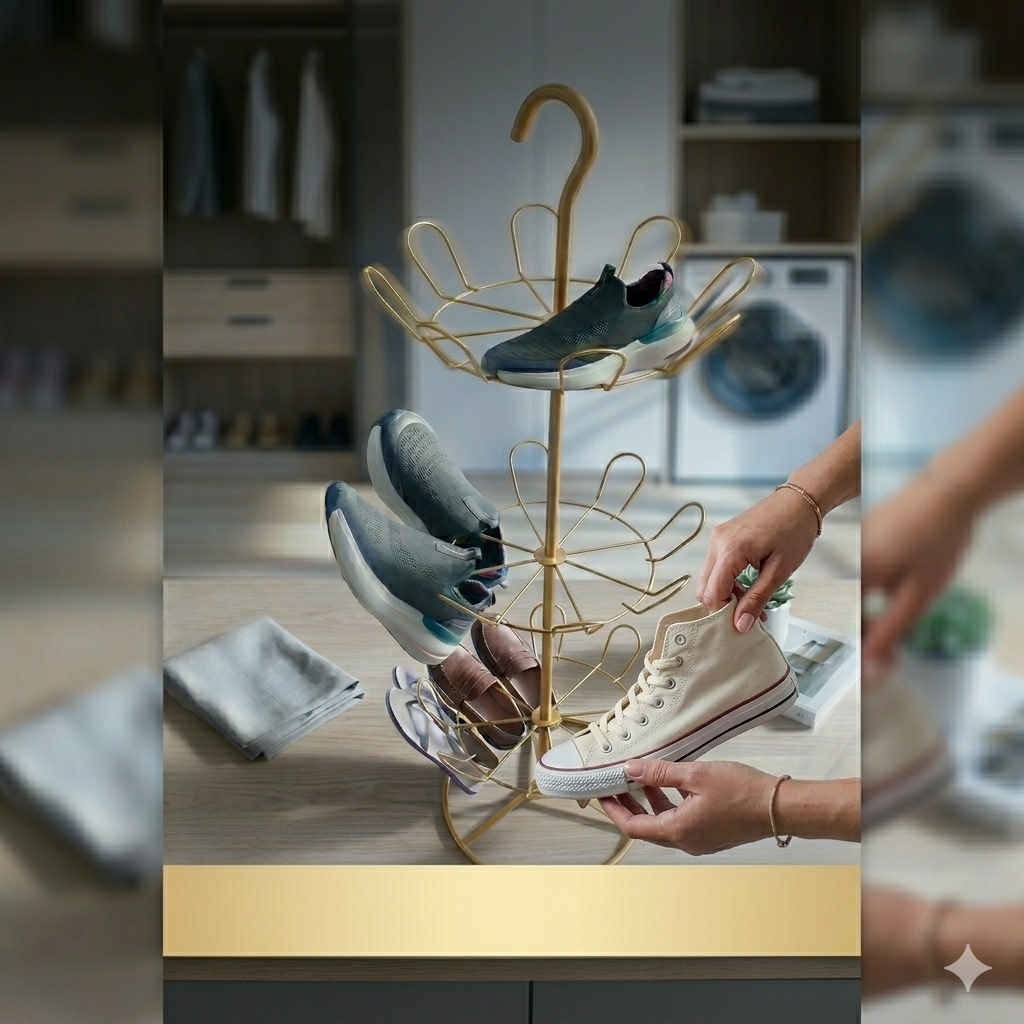 Deluxe Golden Multi-Tier Vertical Shoe Drying Rack & Organizer Tree