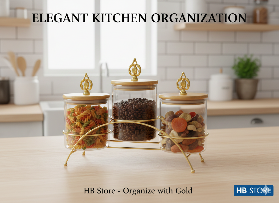 3-Piece Glass Canister Set with Bamboo Lids and Gold Stand