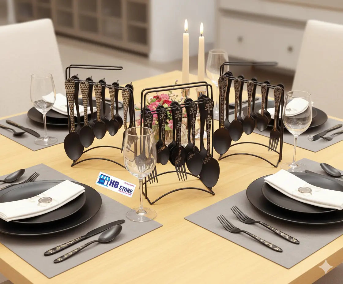 Matte Black & Gold Hanging Cutlery Set with Display Stand