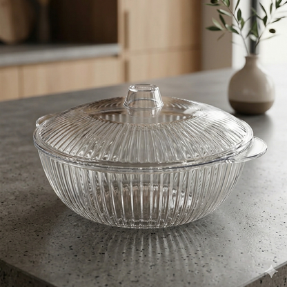Fluted Crystal-Clear Glass Serving Bowl with Lid