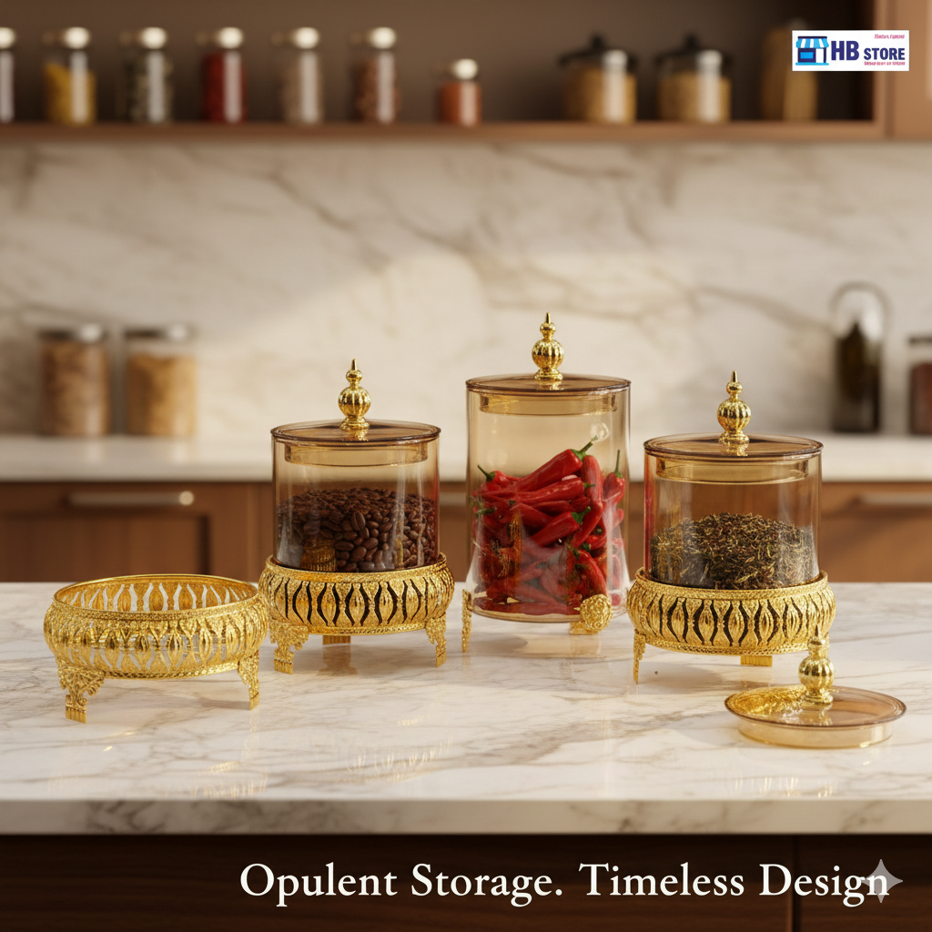 3-Piece Victorian-Style Amber Canister Set with Gold Filigree Base