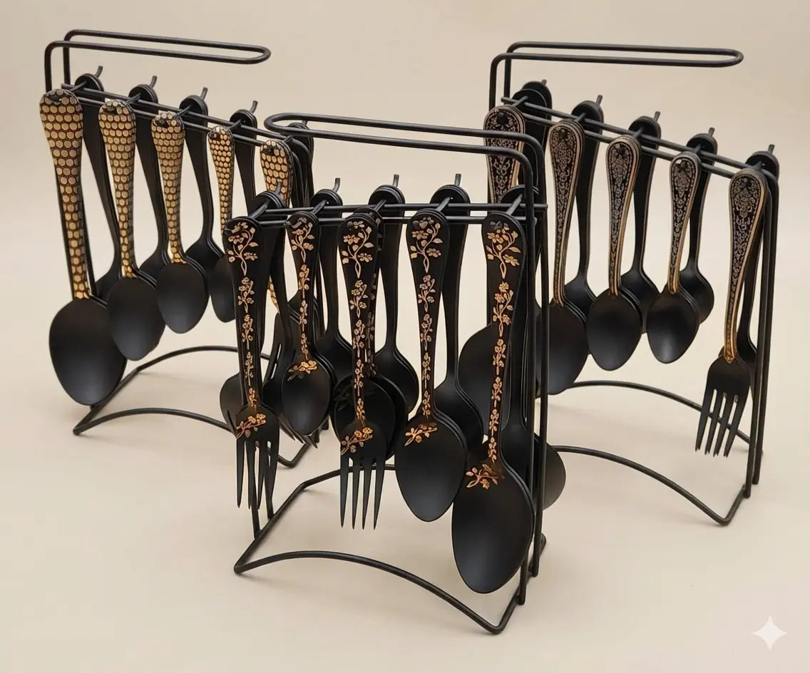 Matte Black & Gold Hanging Cutlery Set with Display Stand