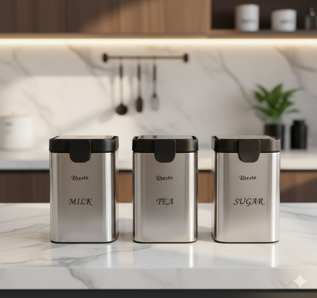 Presta Premium 3-Piece Stainless Steel Kitchen Canister Set