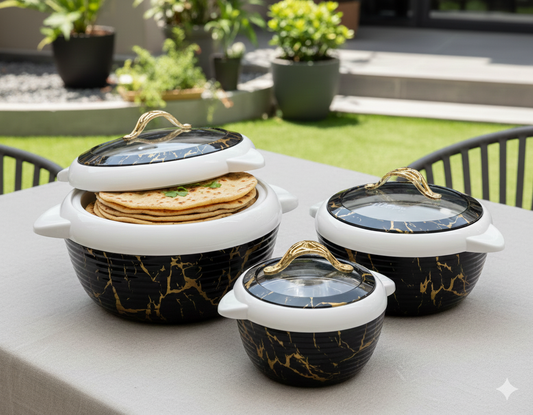 Black Marble Design Insulated Hot Pot Casserole Set (3 Pcs)