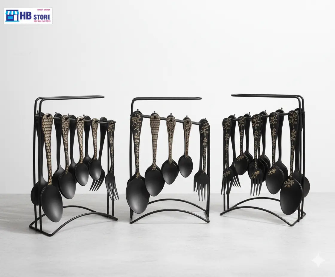 Matte Black & Gold Hanging Cutlery Set with Display Stand