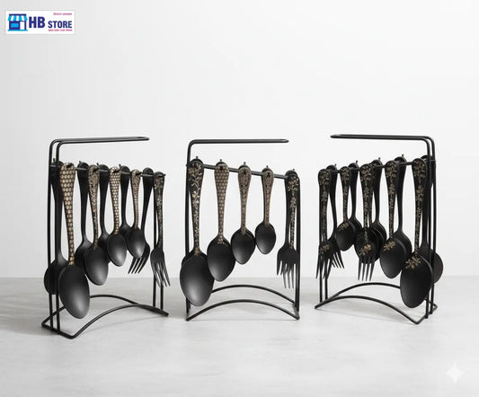 Matte Black & Gold Hanging Cutlery Set with Display Stand