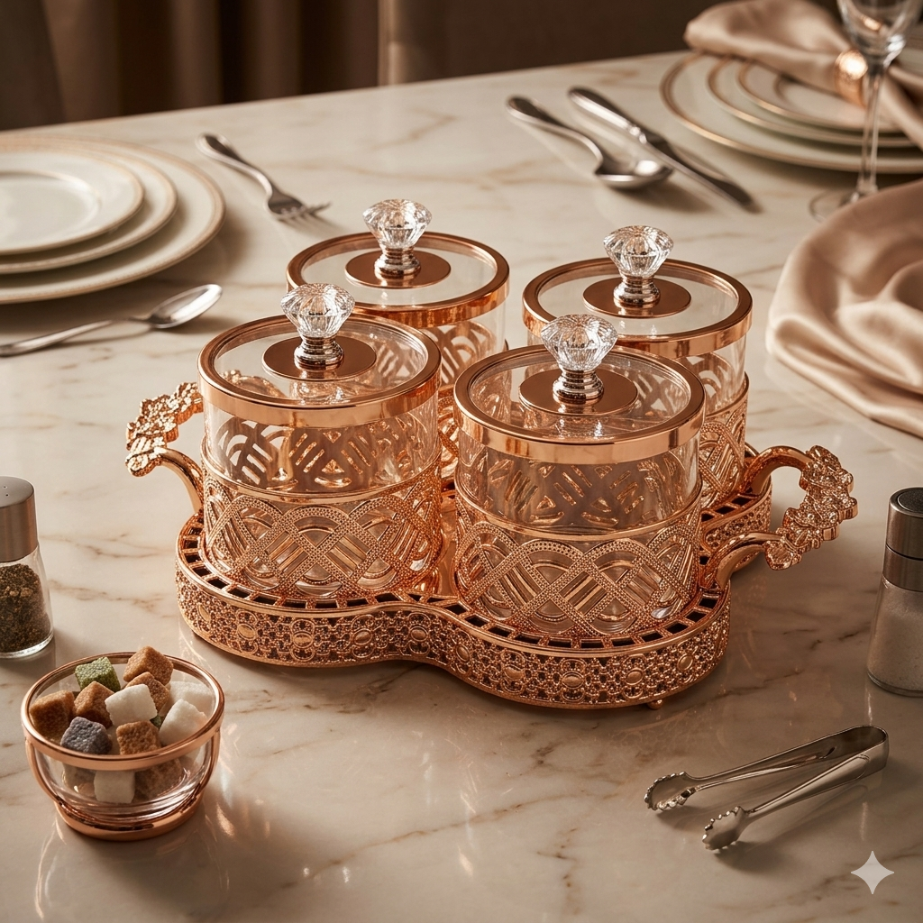 Imperial Rose Gold Condiment Jar Set with Ornate Serving Tray