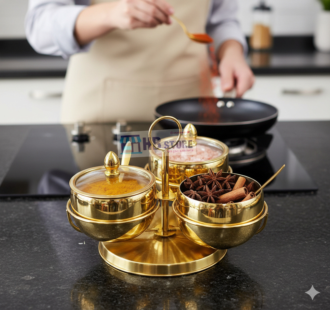 Stainless Steel Golden Revolving Spice Jar Set (3PCS)