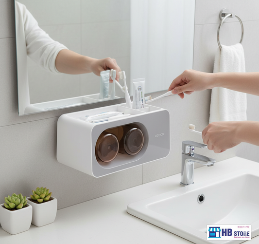 Wall-Mounted Toothbrush Organizer with Cups – Space-Saving Bathroom Storage