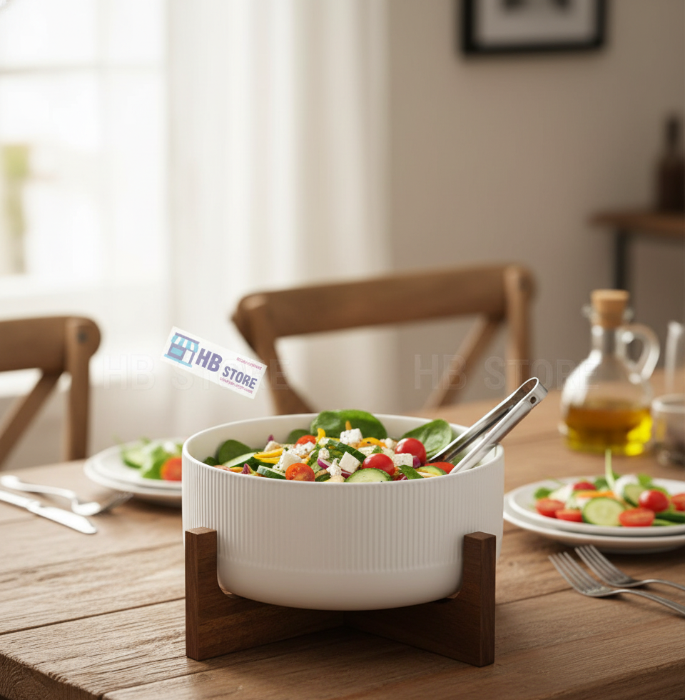 Stylish Ceramic Serving Bowl with Wooden Frame