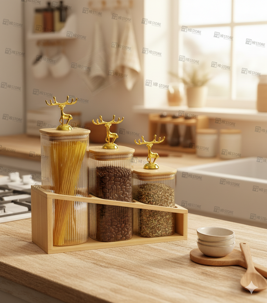 Wooden Stand Glass Jar Trio – Bamboo Lid Storage Set