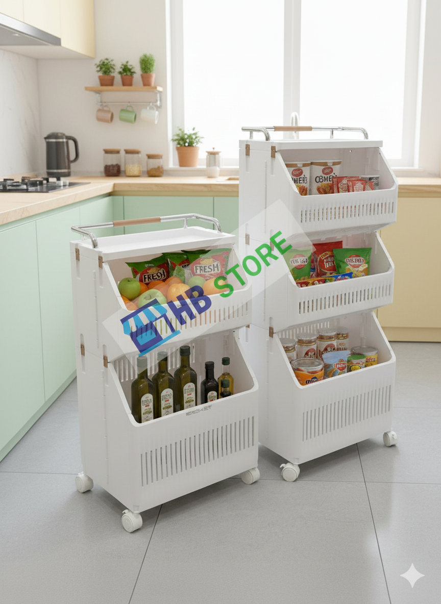 Multi-Layer Movable Storage Trolley – Stackable Rotating Basket Organizer with Wheels