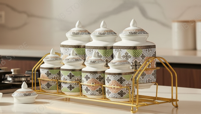 Luxury Ceramic Masala Rack – Multicolor, Blue & Brown Marble Collection