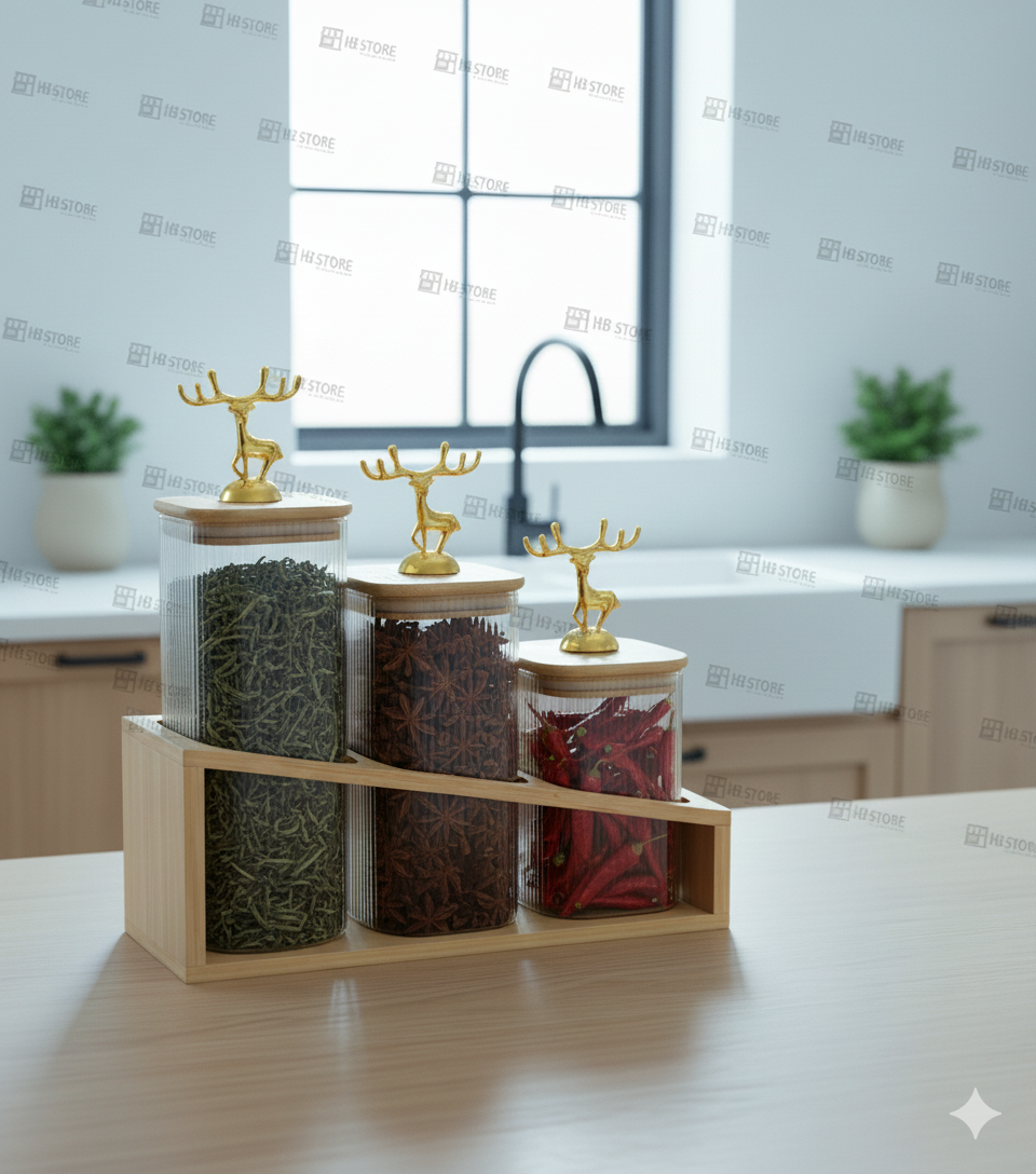 Wooden Stand Glass Jar Trio – Bamboo Lid Storage Set