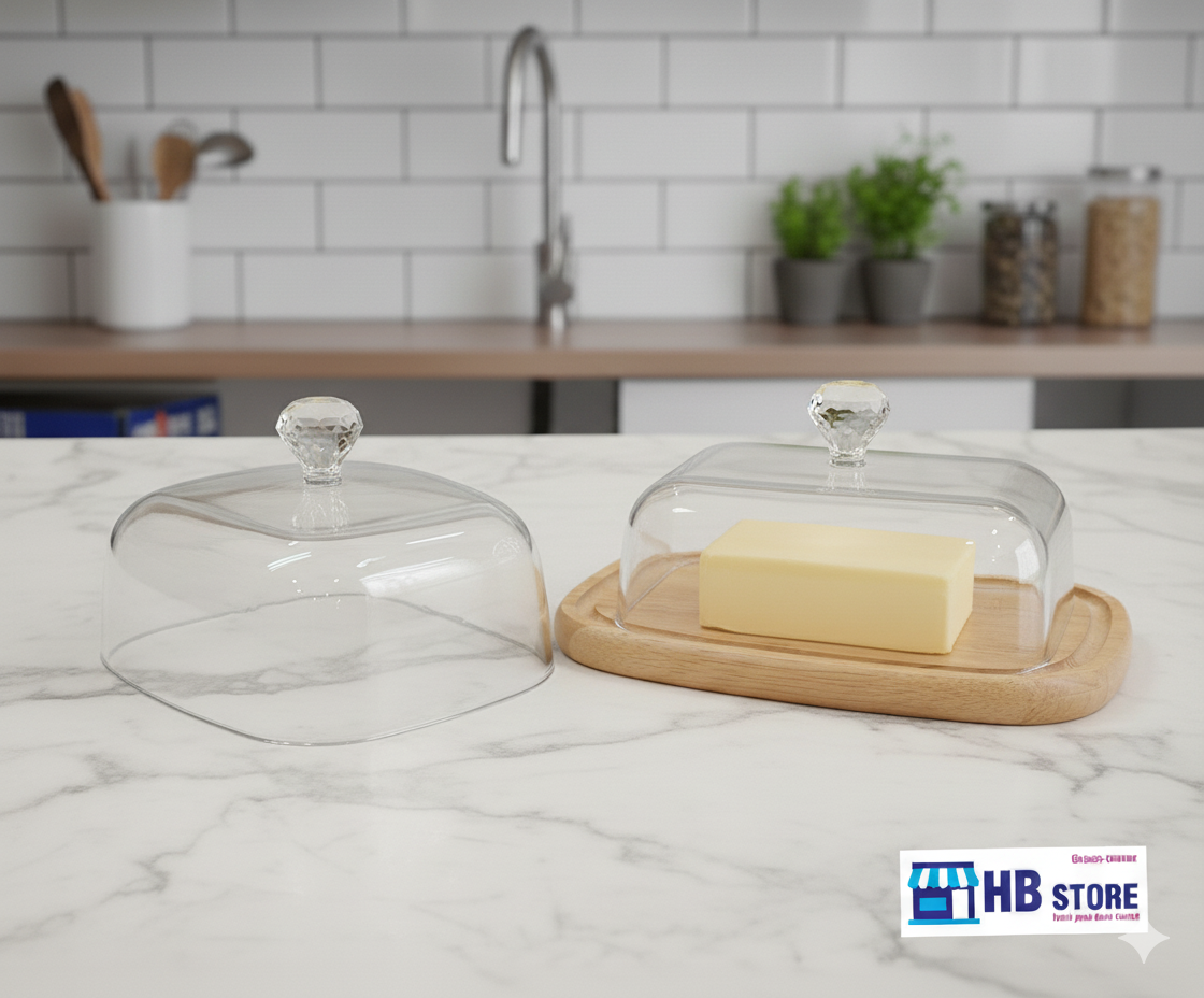 "Butter Dish with Wooden Base & Clear Acrylic Lid