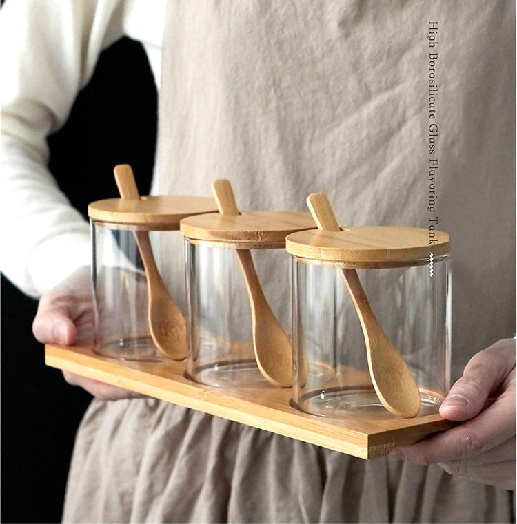 3Pcs Wooden & Glass Jar